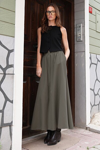 VAGGON Women's Khaki Elastic Waist Belt Detailed Double Pocket Midi Skirt Vs01210