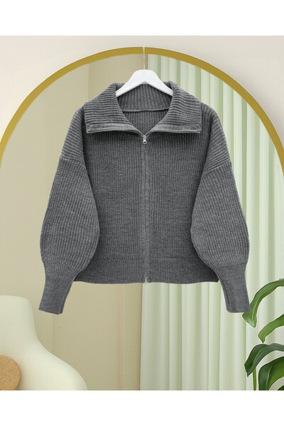 Modamorfo Half-Throated Zippered Knitwear Cardigan - Smoked