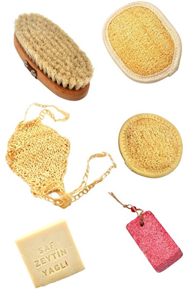 xdeonss طقم حمام مكون من 6 قطع من ألياف اليقطين الطبيعية + صابون زيت الزيتون + فرشاة تدليك شعر الحصان + حجر الكعب