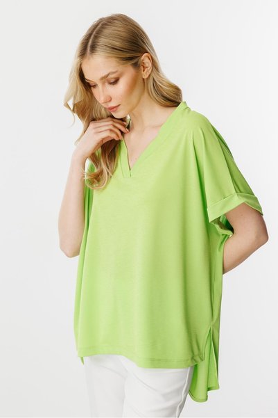 Butik Triko Mutlu Ertan Kadın Oversize V Yaka Kısa Kol Bluz Yesil 30340