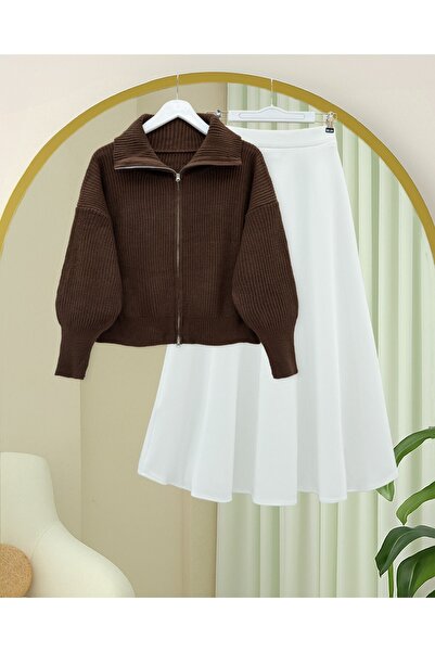 Modamorfo Half-Thigh Zippered Knit Cardigan - Brown