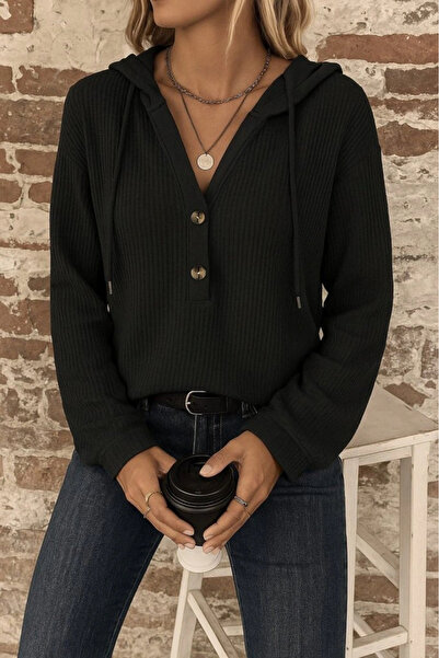 Genel Markalar MDB Kadın Uzun Kollu Kapşonlu önü Düğmeli Ve Bağcıklı Waffle Bluz