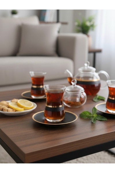 DECOSTYLE Dore Matte Gold Black Decorated 12 Piece Ajda Boy Tea Set - Luxury Large Volume Glass Set