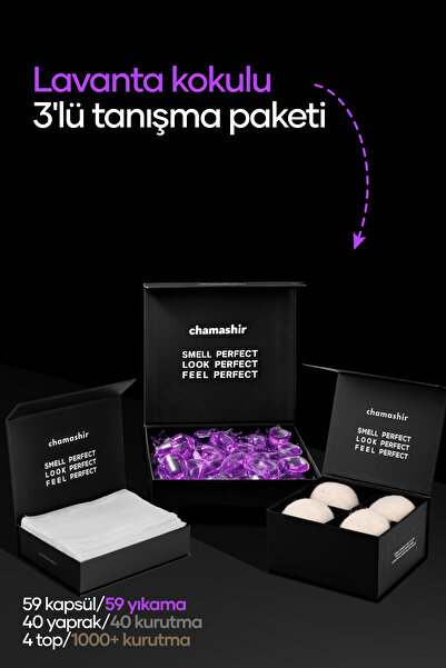 chamashir cleaning solutions 3'lü TANIŞMA PAKETİ - KAPSÜL ÇAMAŞIR DETERJANI LAVANTA KOKULU - KURUTMA MENDİLİ - YÜN KURUTMA TOPU