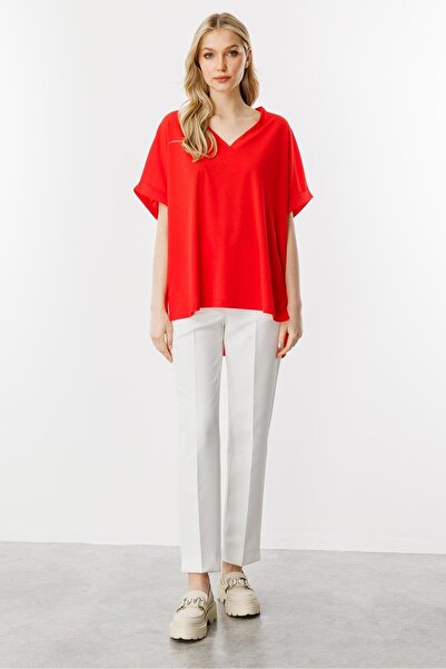 Butik Triko Mutlu Ertan Women Oversized V-Neck Short Sleeve Blouse Red 30340