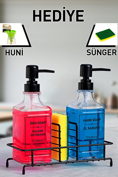 TEMBAY Siyah Pompalı ve Metal Standlı İkili Cam Sıvı sabunluk Seti 500ml