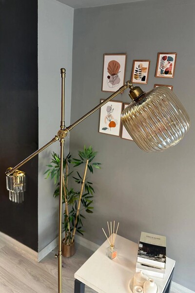 Bamyum Mopa Bal Rengi Cam Lambader Modern Dekoratif Metal Oturma Odası Çalışma Odası Zemin Lambası