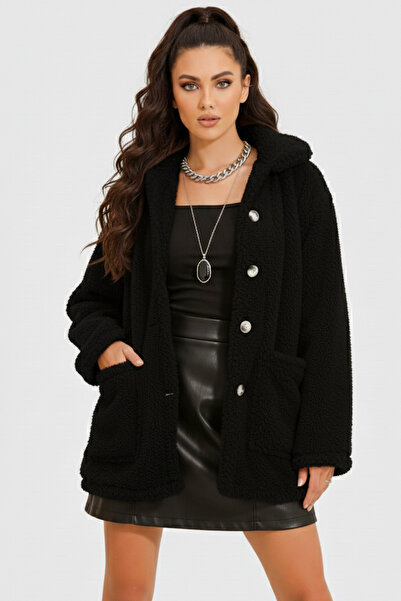 Mila Μαύρο βελούδινο μπουφάν με διπλή τσέπη με κουμπιά μπροστά oversized χωρίς επένδυση