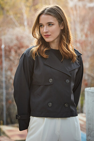 Fulla Moda Basic Düğmeli Kruvaze Yaka Kısa Trençkot