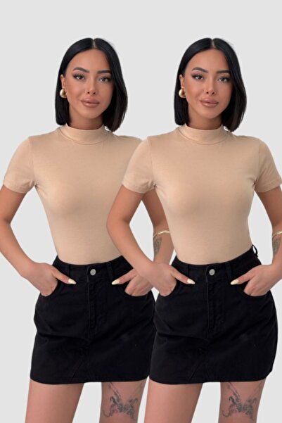 Lunamiratto Balıkçı Kısa Kol Pamuklu Body Bej-Bej Yarım Balıkçı Body Boğazlı Tişört T-shirt