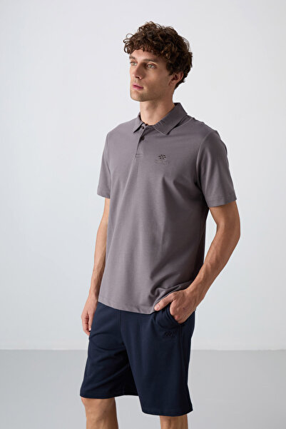 TOMMY LIFE Dark Gray Cotton Thick Soft Textured Standard Fit Basic Polo Collar Men's T-Shirt - 88348
