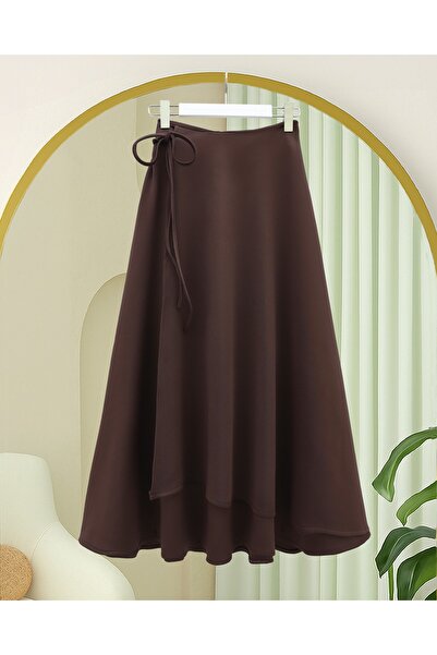 Modamorfo Layered Zippered Scuba Skirt with Side Tie Detail - Brown