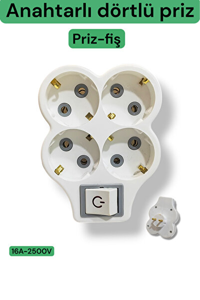 EKODİZAYN Anatarlı topraklı kablosuz 4'lü priz çoğaltıcı priz-fiş. 1 ADET
