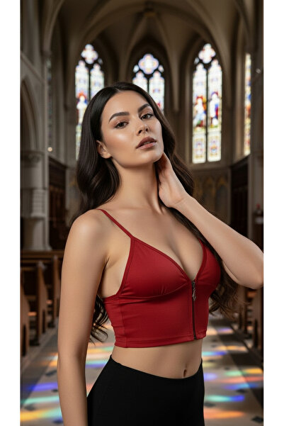 ACTRİS Zippered Strap Crop Bustier with Diver Fabric Pad Red