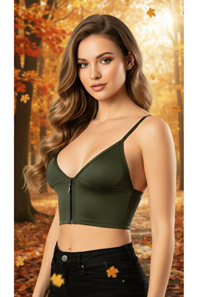 ACTRİS Zippered Strap Crop Bustier with Diver Fabric Pad
