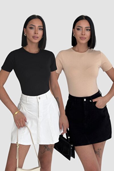 Lunamiratto تي شيرت برقبة دائرية وأكمام قصيرة من القطن باللون البيج والأسود ب...