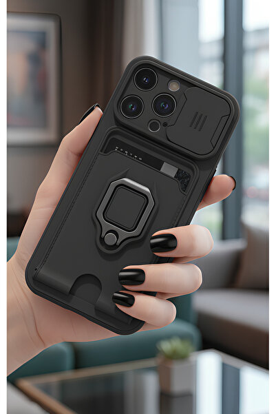 TechTrove iPhone 13 Pro Kılıf Kamera Koruma Sürgülü Kartvizitli Kartlıklı Sta...