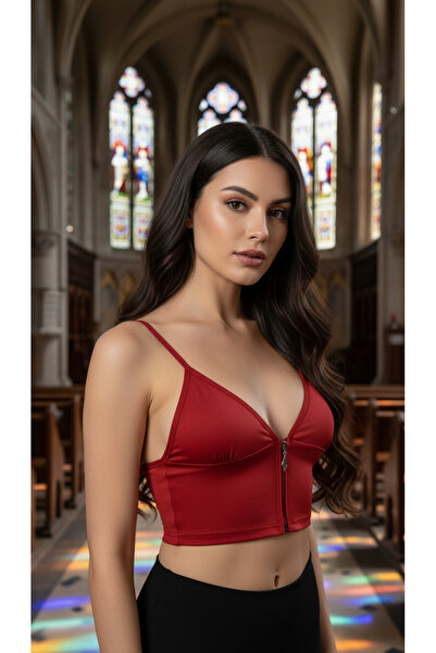 ACTRİS Zippered Strap Crop Bustier with Diver Fabric Pad Red