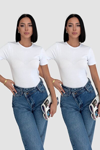 Lunamiratto Tricou Body din bumbac cu mânecă scurtă cu decolteu alb-alb