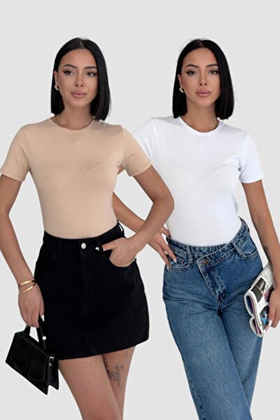 Lunamiratto Κοντό μανίκι Crew Neck Βαμβακερό κορμάκι Μπεζ-Λευκό Crew Neck Bod...