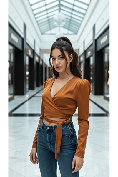 ACTRİS Bluză crop cu mâneci lungi cu balon, cu guler dublu