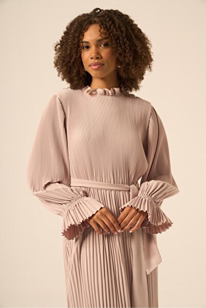 FTZ WOMEN Kadın Plise Şifon Elbise Beige 31019