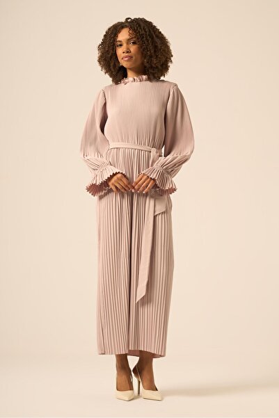 FTZ WOMEN Kadın Plise Şifon Elbise Beige 31019