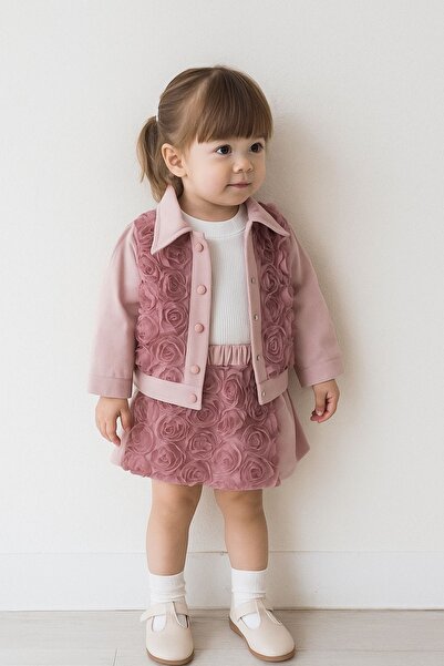 nazarbebe 3D Rose Patterned 3-Piece Special Occasion Set for Girls – Jacket, Blouse and Skirt – Powder Pink (2-5 Years) 4132