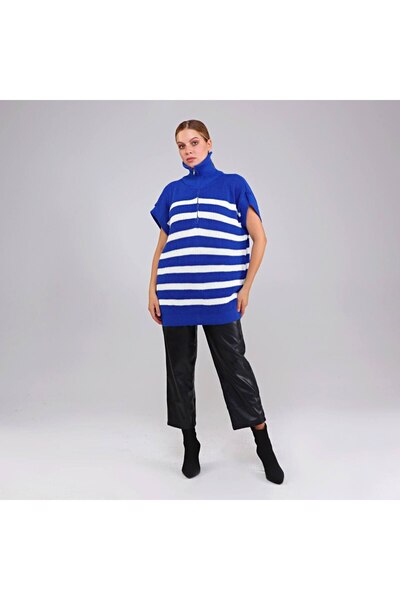 EDZ Women's Navy Blue Knitwear Short Sleeve High Neck Zippered Loose Fit Oversized Pattern Tunic