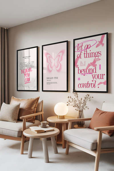 Zestia Set de 3 tablouri cu ramă neagră, Roz de vis – Motivație și Fluture, S...