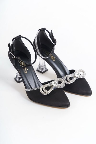 moda gim Black Setan Jewelled Bow Transparent Heeled Women's Shoes
