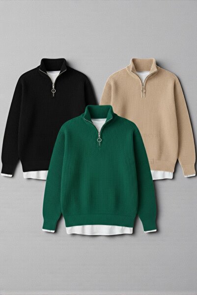 Gameyal سترة تريكو رجالية مكونة من 3 قطع بسحاب نصفي