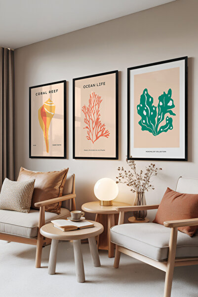 Zestia Set de 3 tablouri cu ramă neagră, Recif de corali – Scoici și corali, ...