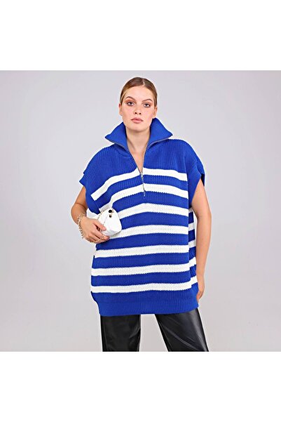 EDZ Women's Navy Blue Knitwear Short Sleeve High Neck Zippered Loose Fit Oversized Pattern Tunic