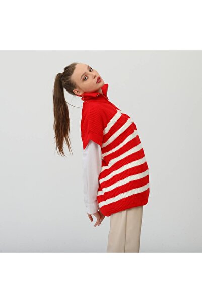 EDZ Women's Red Knitwear Short Sleeve High Neck Zippered Loose Fit Oversized Pattern Tunic