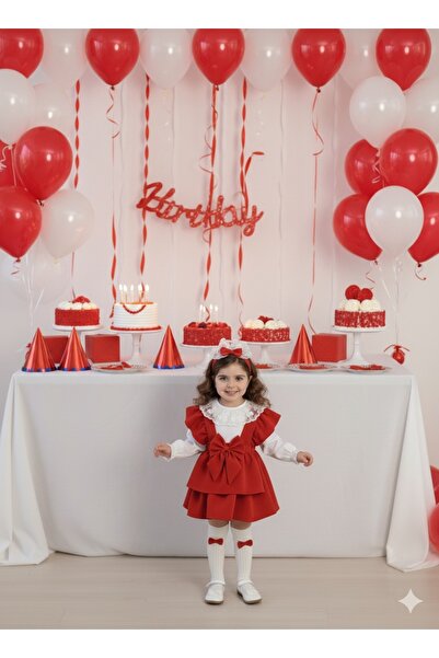 BİYA BABY Girl's and baby red suspenders fold fold skirt salopet gilet shirt bandana socks suit combination