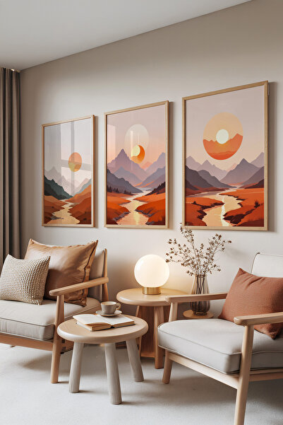 Zestia Σετ 3 πινάκων με ξύλινο πλαίσιο, Ηλιοβασίλεμα και ορεινό τοπίο – Πορτο...