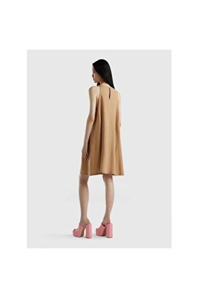 Benetton Tan Women's Crew Neck Sleeveless Long Linen Dress 4Aghdv02U