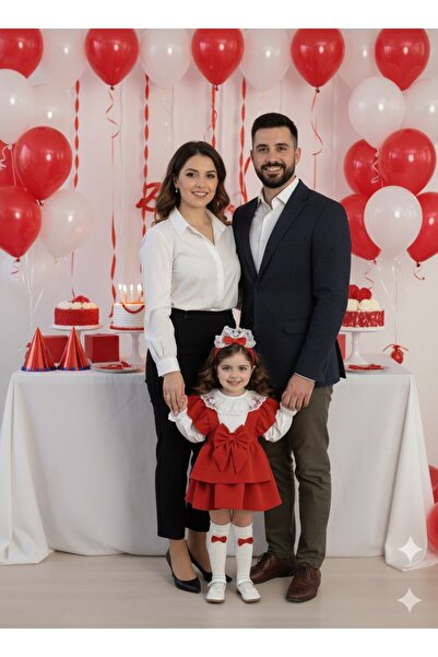 BİYA BABY Girl's and baby red suspenders fold fold skirt salopet gilet shirt bandana socks suit combination