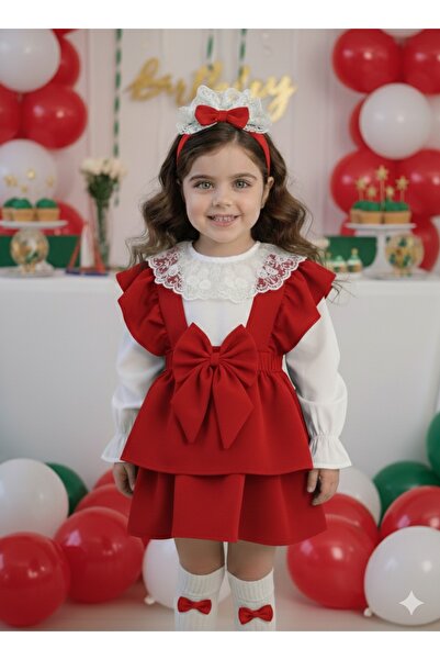 BİYA BABY Girl's and baby red suspenders fold fold skirt salopet gilet shirt bandana socks suit combination