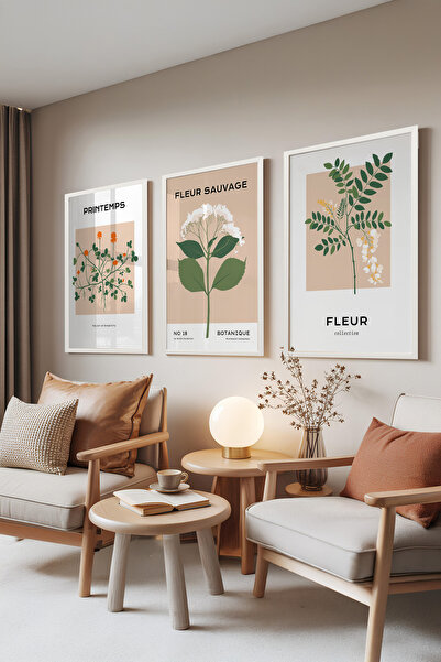 Zestia Σετ 3 πινάκων με λευκό πλαίσιο, Printemps – Μπεζ Βοτανικό Στυλ, Σετ Γρ...