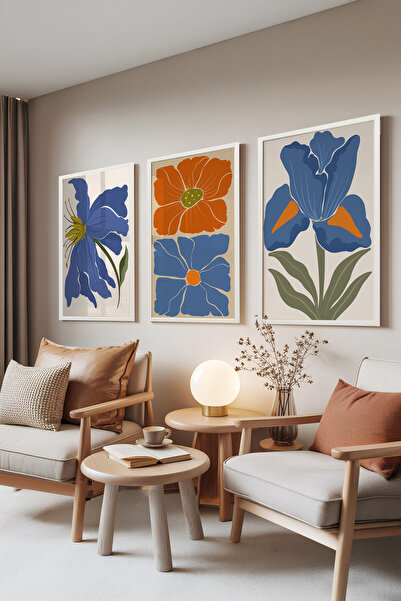 Zestia Set de 3 tablouri cu ramă albă, flori albastre și portocalii – Botanic...