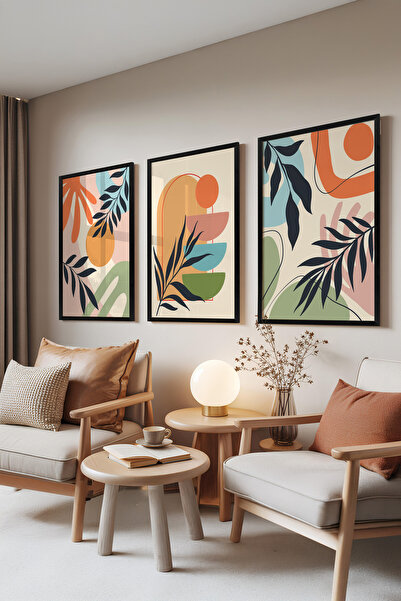 Zestia Set de 3 tablouri cu ramă neagră, modele colorate cu frunze, set pentr...