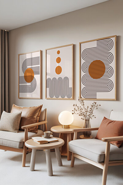 Zestia Set de 3 tablouri cu rame din lemn, forme solare minimaliste – linii m...