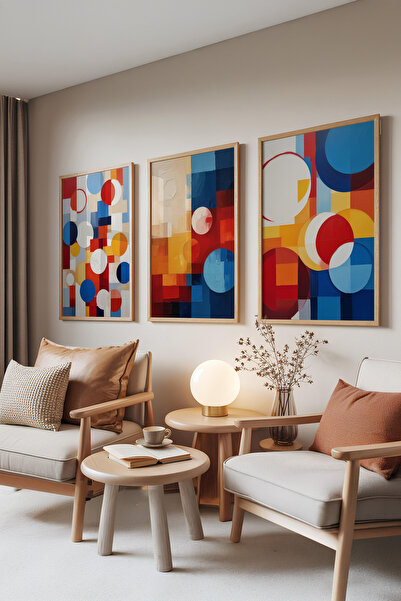 Zestia Set de 3 tablouri cu rame din lemn, cercuri colorate și blocuri abstra...