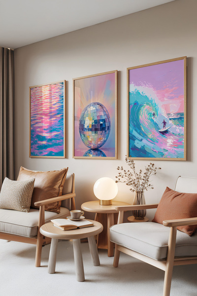 Zestia Set de 3 tablouri cu rame din lemn, Neon Waves – Disco & Surf, Set pen...