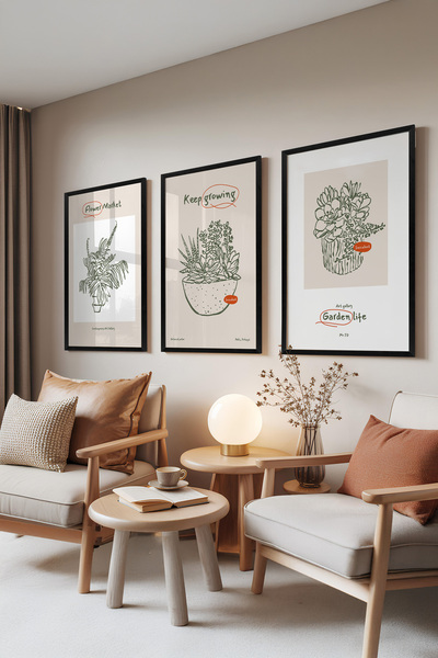 Zestia Set de 3 tablouri cu ramă neagră, ilustrații botanice – tonuri de verd...