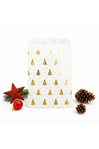 repro design Altın Yıldızlı Yılbaşı Temalı Mini Kese Kâğıdı 10’lu | 13x18 cm Hediye Paketi Kâğıt Poşet