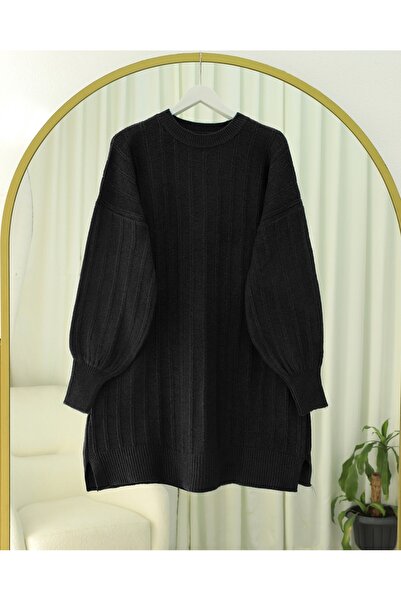Modamorfo Corded Fabric Slit Yumoş Knitwear Tunic -Black