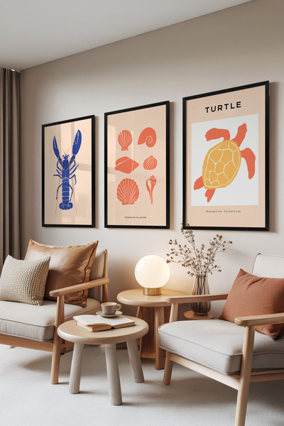 Zestia Set de 3 tablouri înrămate negre, cu ilustrații cu homari, broaște țes...